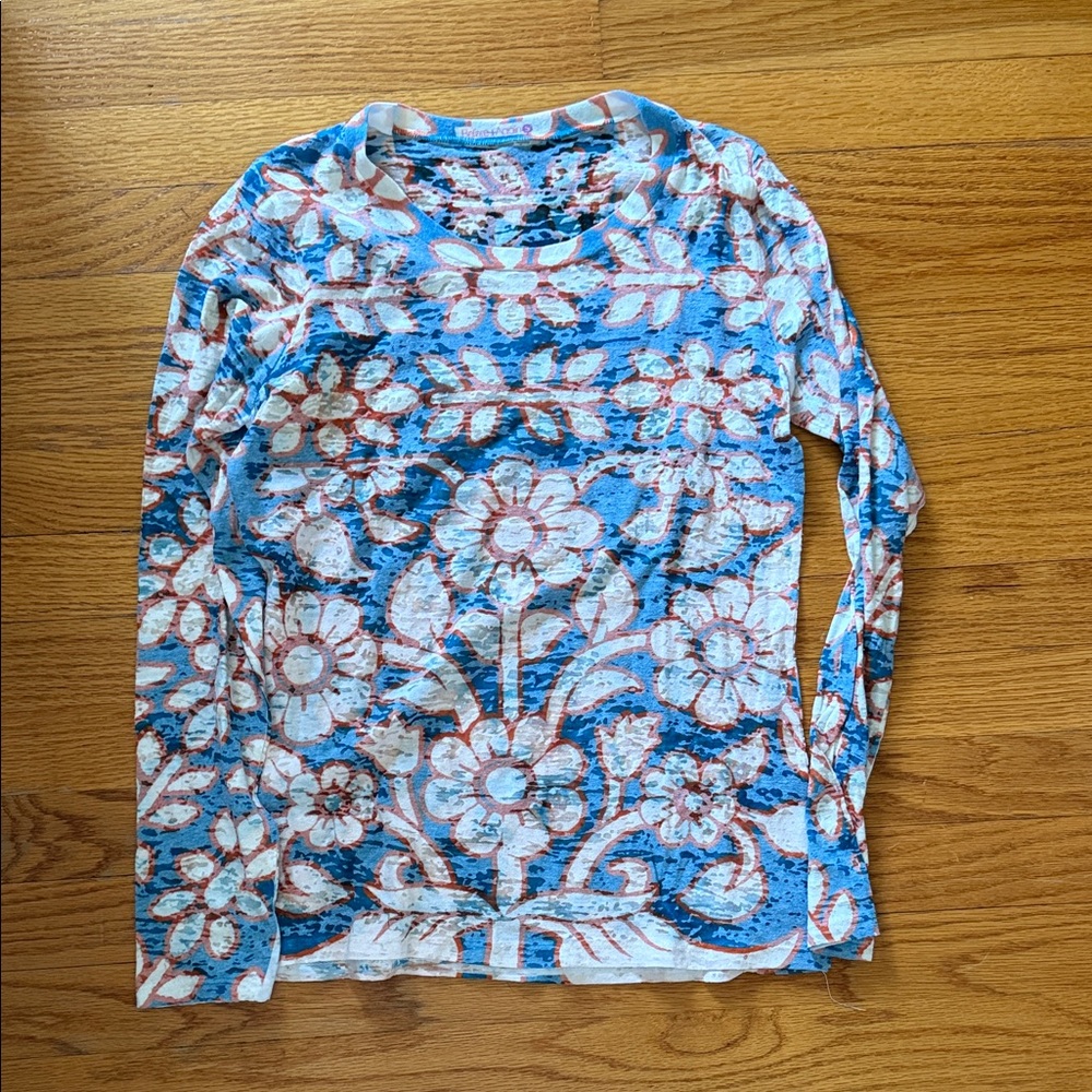 Floral Burnout Long Sleeve Top in Blue & White